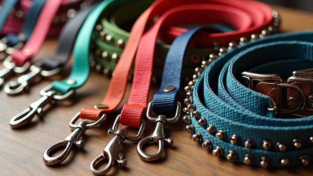 A variety of colorful leashes and collars for dogs and cats neatly arranged on a wooden table.